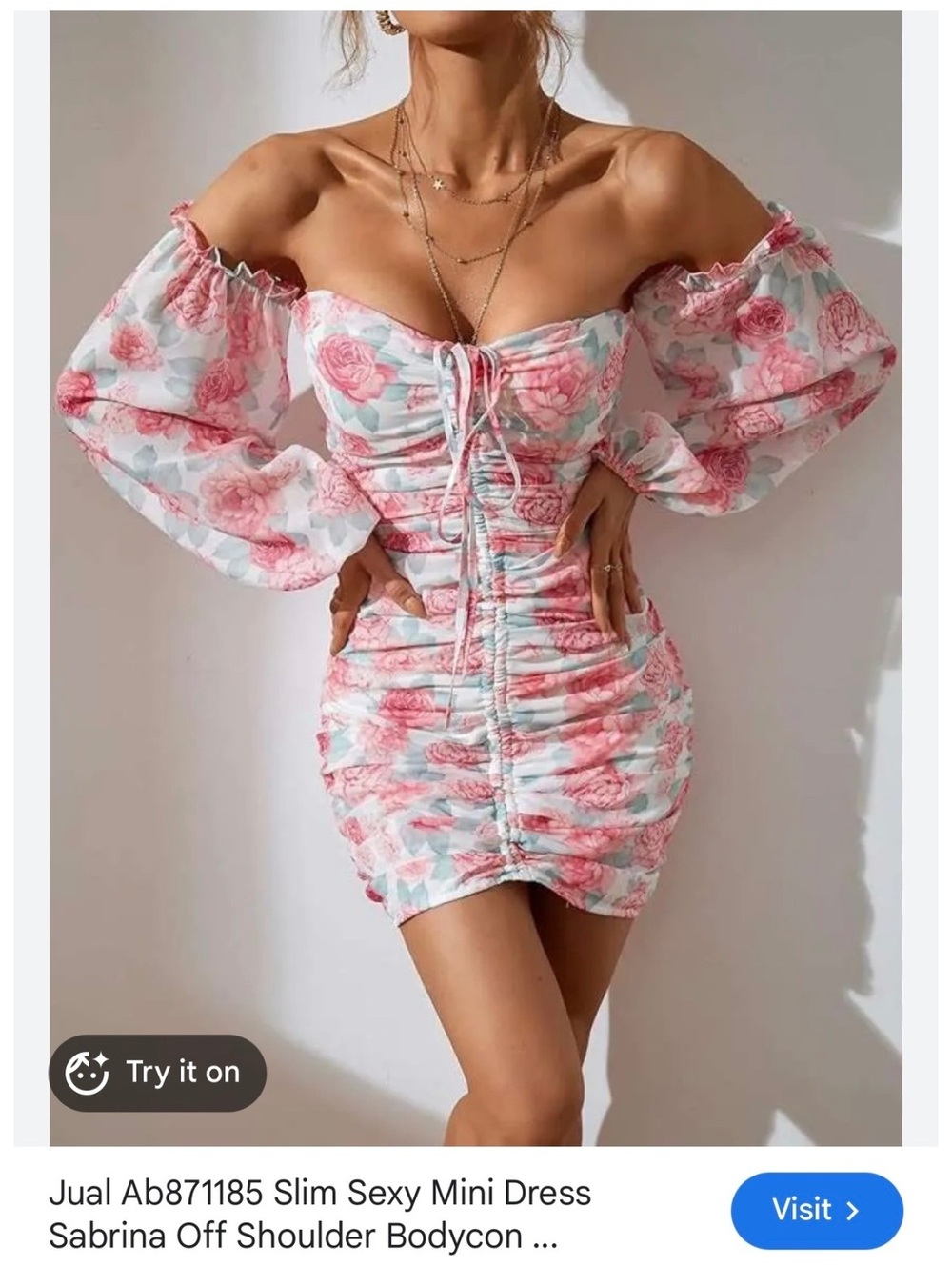 Floral Off Shoulder Ruched Mini Dress with Puff Sleeves Size Medium